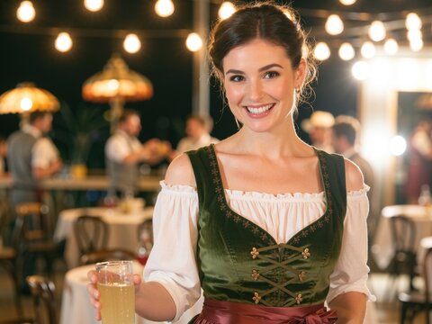 Oktoberfest woman smiling holding beer glass at night festival