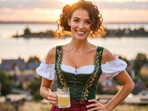 Smiling woman in dirndl holding beer mug enjoying oktoberfest festival