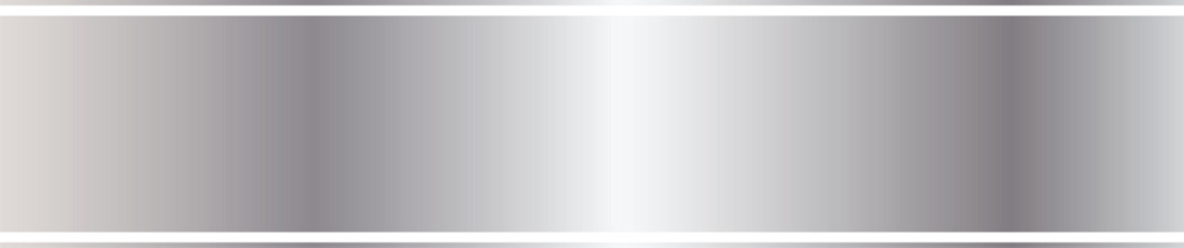 Metallic silver horizontal banner with a smooth gradient texture. This blank header is bordered by thin white lines. Modern steel design serves as a versatile background.