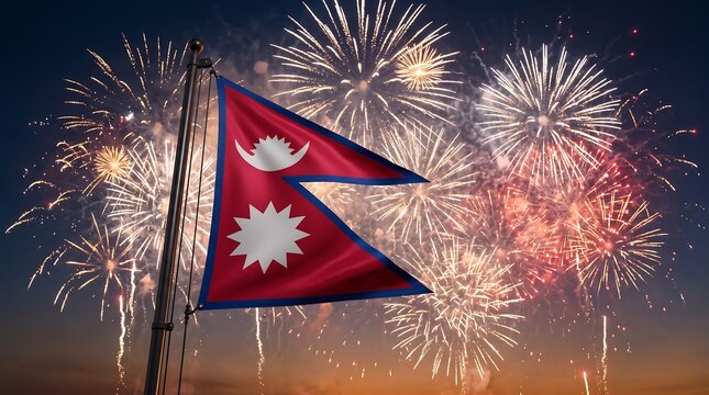 Waving national flag of Nepal against a night sky background filled with golden celebratory fireworks display