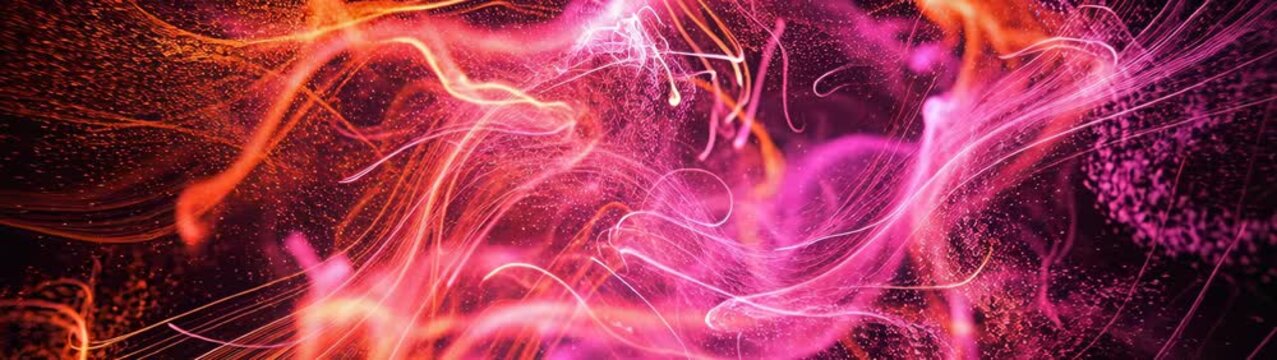 Glowing particles forming intricate patterns creating a vibrant digital presentation Pink and orange lines swirling across a dark plane.