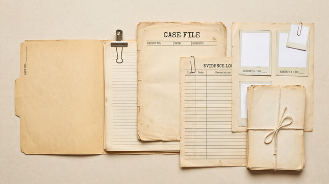 Vintage detective case file mockup with old folders and evidence logs