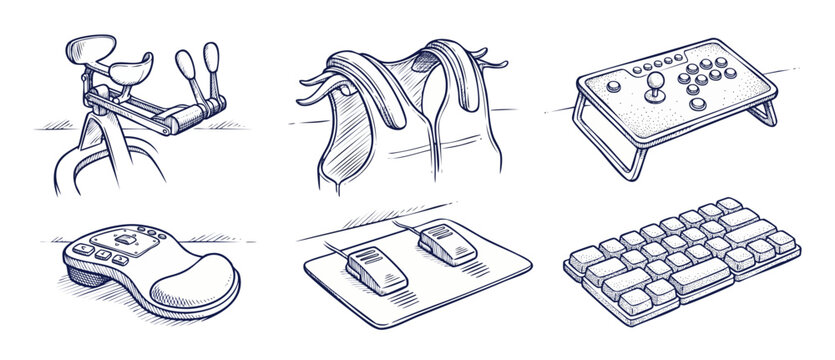 Gaming controllers line art sketch set of hand drawn technology hardware peripherals featuring arcade fight stick haptic vest foot pedals and mechanical keyboard icons isolated on white background.