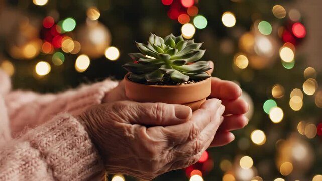 Elderly hands holding small potted succulent with bokeh lights.