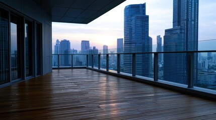 Obraz premium Spacious modern balcony overlooking a city's skyline with skyscrapers at sunset against a blue sky