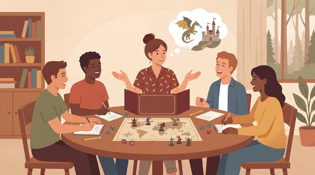 Woman leading tabletop RPG game with friends around a table in a cozy setting