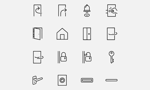  Door line editable icon set. Containing enter, exit, doorbell, knock, open door, home,