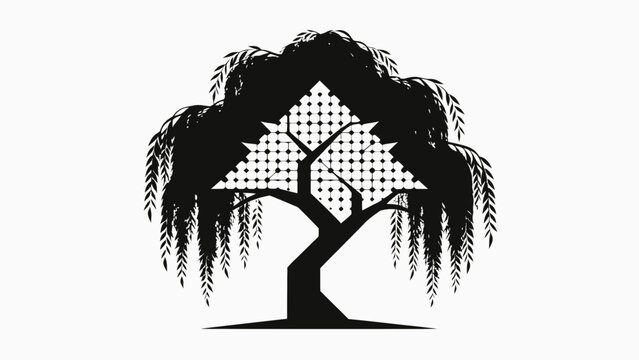 Black and white willow tree with geometric pattern canopy.