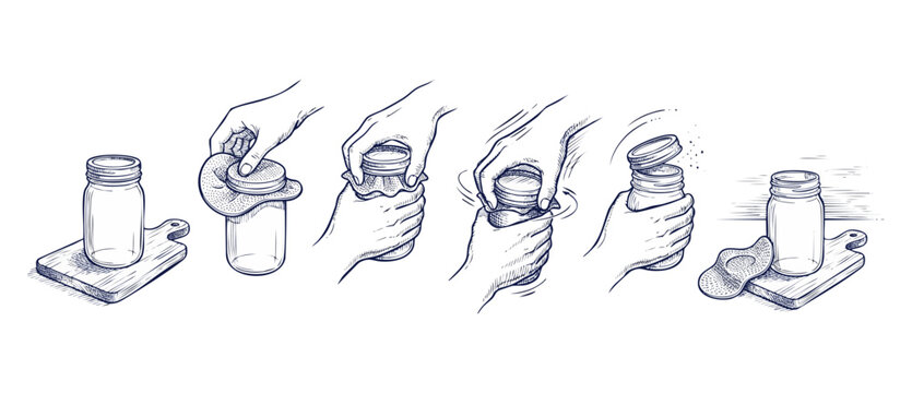How to open jar lid step by step instruction diagram showing hands twisting tight vacuum seal with rubber gripper pad kitchen hack helper, engraving style vintage sketch illustration sequence.