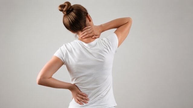 Rear view of a woman experiencing back pain and neck stiffness, holding her lower back and neck in discomfort against a neutral background