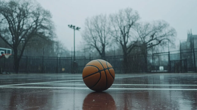 A solitary basketball on a rain-soaked outdoor court Raindrops reflect the gloomy sky; bare trees and a distant hoop