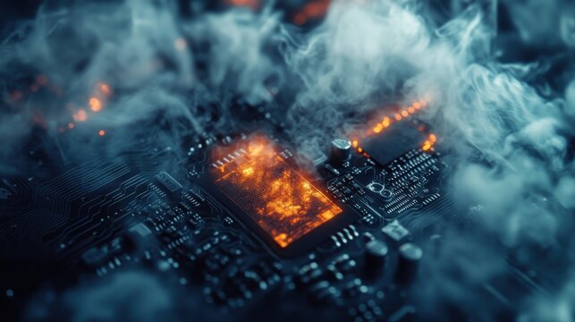 Burnt circuit board with smoke. Damaged electronic hardware failing with glowing fire.