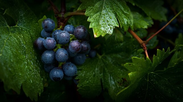 17.Macro shot of grape cluster nestled in dense foliage, droplets of moisture on grapes, vibrant greens contrasting with dark fruit, soft golden light typical of island climate, immersive vineyard