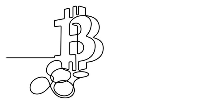 Animated self drawing of Bitcoin symbol and pile of coins drawn in a single continuous line style on a white background. Full length one line animation. 4K video