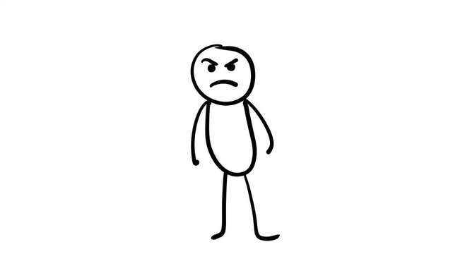 Hand Drawn Angry Stick Figure Standing Pose on White Background Animation Video. Annoyed Person. Irritated Man.