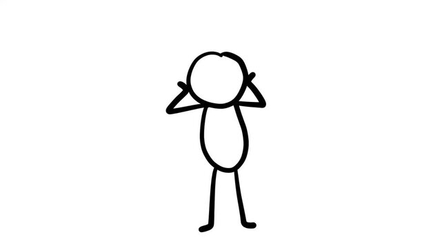 stickman covering ears, person with hands on head. ear protection from loud noise. shocker man. surprised human.