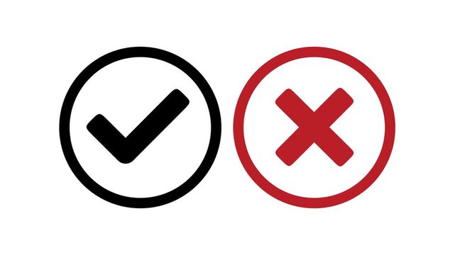 Tick and cross signs. Black tick OK and red X cross. YES and NO. False and true, right and wrong. Correct and incorrect, accept and reject.