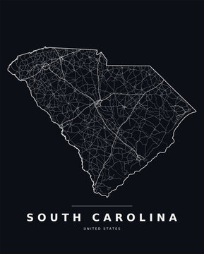 South Carolina SC map showing counties, interstate highways and major roads. Editable white line vector on a black background for dark mode slides, wall art and web design.