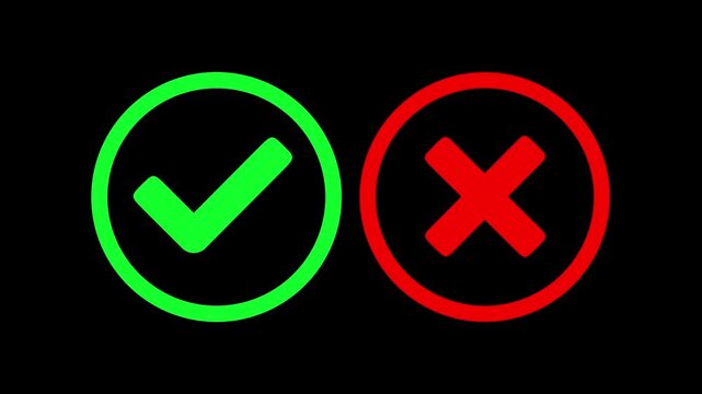 Tick and cross signs. Green tick OK and red X cross. YES and NO. False and true, right and wrong. Correct and incorrect, accept and reject.