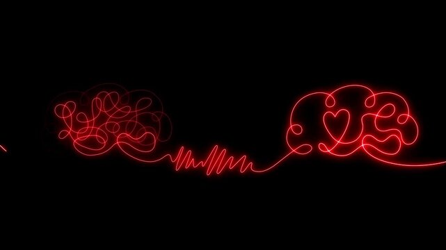 Neon Chaos to harmony brain with tangled thoughts transforming into heart centered calm mind, emotional balance concept, mental health healing, stress relief and self awareness.
