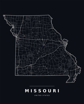 Missouri MO map showing counties, interstate highways and major roads. Editable white line vector on a black background for dark mode slides, wall art and web design.
