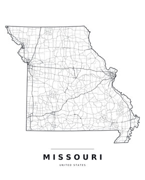 Missouri MO map showing counties, interstate highways and major roads. Editable black line vector on a white background for classroom use, wall art and travel guides.