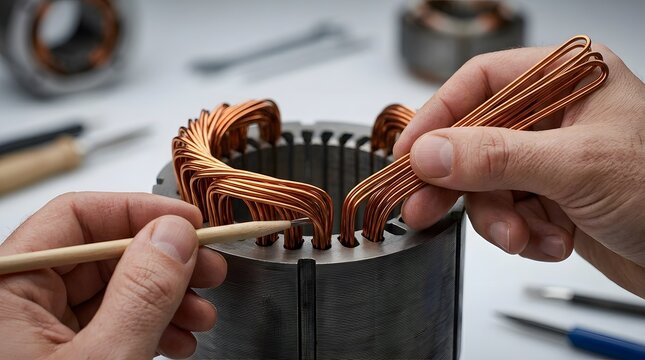 Skilled technician repairing electric motor winding coils.