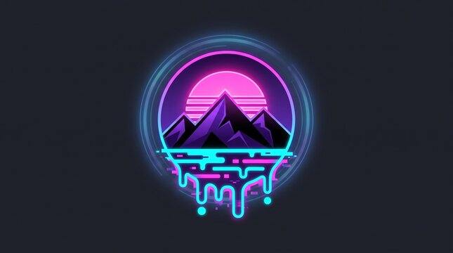 Futuristic digital mountain logo with glowing circuit base and neon halo for tech branding with accented vibrant neon drips circuit patterns base