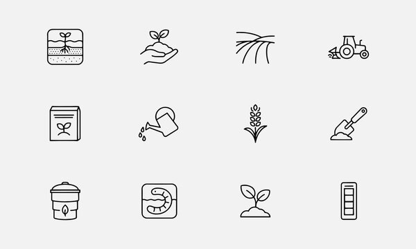 Soil line editable icon set. Contain icons related to Soil, ground, field, farming