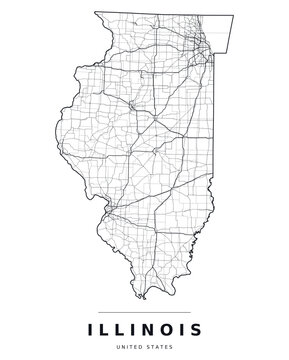 Illinois IL map showing counties, interstate highways and major roads. Editable black line vector on a white background for classroom use, wall art and travel guides.
