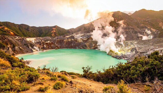 Volcanic Caldera Lake Emitting Steam Under a Warm Sunlight Sky