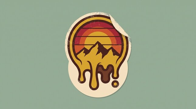 Vintage inspired circular graphic featuring melting mountain silhouettes with sunset halo with distressed border against soft pastel background