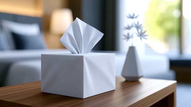 A tissue box and origami vase sit on a wooden table in a softly lit, modern room with blurred background