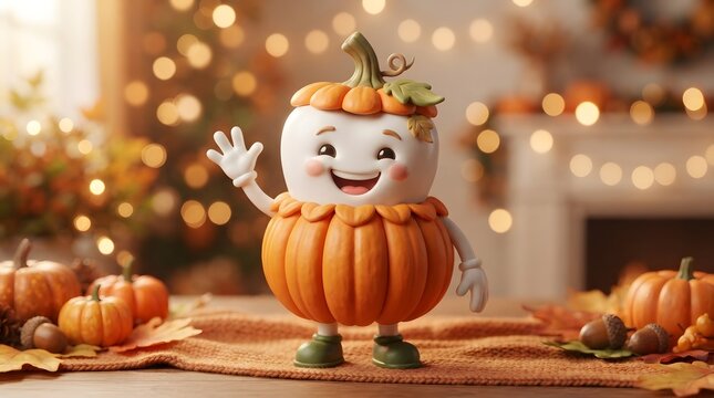 Festive thanksgiving background with cute pumpkin character for holiday celebrations