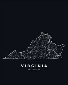 Virginia VA map showing counties, interstate highways and major roads. Editable white line vector on a black background for dark mode slides, wall art and web design.