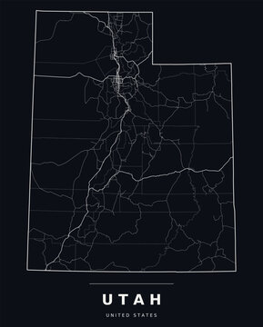Utah UT map showing counties, interstate highways and major roads. Editable white line vector on a black background for dark mode slides, wall art and web design.