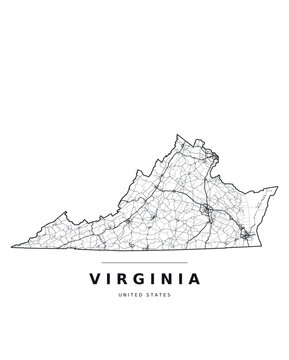 Virginia VA map showing counties, interstate highways and major roads. Editable black line vector on a white background for classroom use, wall art and travel guides.