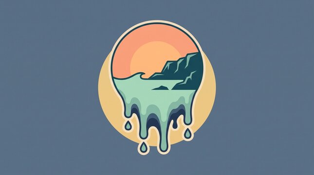 Vibrant melting landscape with cliff and water dripping effect under sunset sky with circular illustration melting coastal scene jagged cliffs