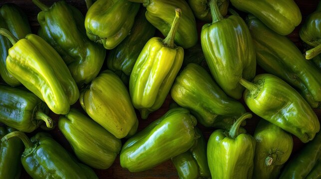 43.Top down view of harvested organic green peppers arranged together, rich tones and natural shine, subtle field background, celebration of sustainable farming in Penticton countryside