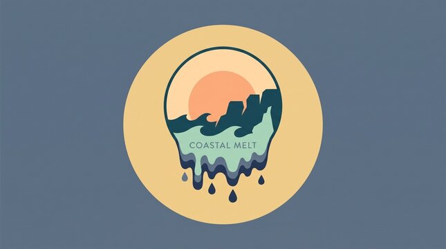 Illustrated coastal erosion concept with melting landmass with depicts stylized vector illustration melting coastal landmass serene sunset glow