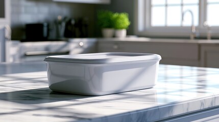 Fototapeta premium White container on marble countertop with sunlight streaming through kitchen window, plant in background