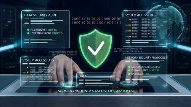 Cybersecurity Specialist Monitoring Data Security Audit and Network Access Logs on Holographic Interface in Server Room