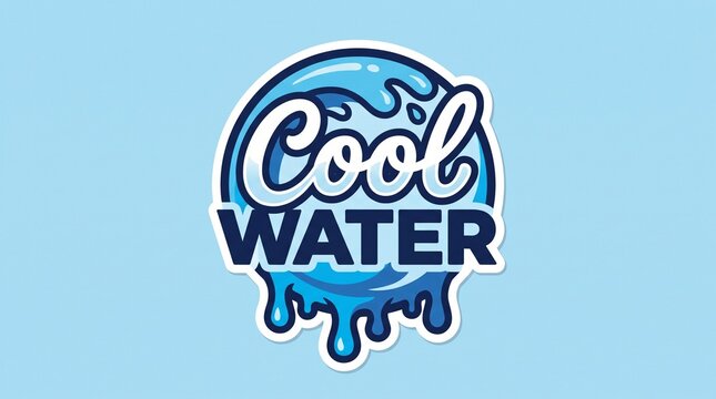 Vibrant cool water refreshment sticker design with wavy blue text and dripping effect on light background with blue themed typography refreshing dripped water effect