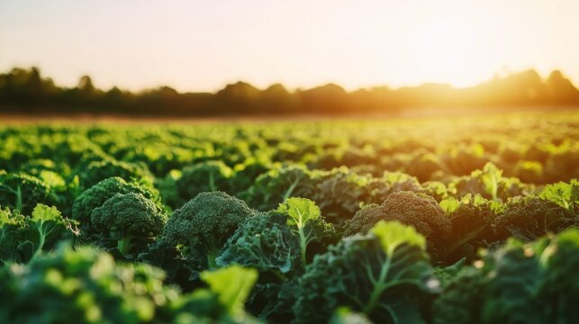 Fresh broccoli field at sunset. Green vegetable crops growing in an organic farm garden.