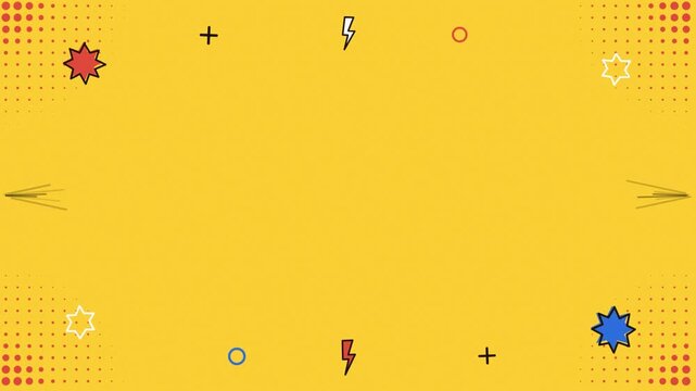 Yellow pop art comic background with halftone dots, speed lines and bursts pulsing around a clean centre, seamless loop with copy space