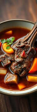 Savory brown broth filled with fall-off-the-bone tender oxtail and colorful vegetables, potatoes, tender
