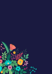 Obraz premium Vector flat illustration featuring a vibrant floral border with various colorful flowers and green leaves on a dark background, suitable for design projects, invitations, and banners.