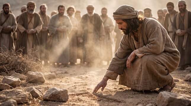 Jesus Christ crouches on a rocky path writing on the ground with his finger under a hazy sunbeam while men hold stones, representing the biblical scene of Christ and the adulterous woman.