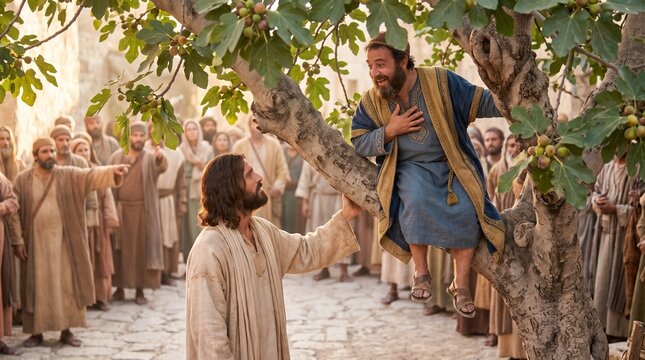 Jesus Christ reaches his hand to Zacchaeus sitting in a sycamore tree surrounded by a crowd, representing the New Testament biblical scene of Jesus and Zacchaeus.