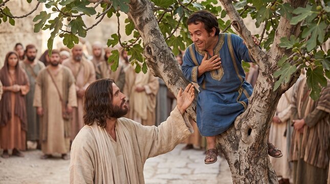 Jesus Christ reaches his hand up toward Zacchaeus sitting in the branches of a sycamore tree, representing the New Testament biblical scene of Jesus and Zacchaeus.